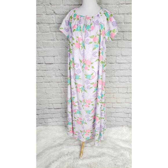 Vintage Purple Pink Tropical Floral Nightgown Nightie Kaftan Keyhole Neck OSFA - Picture 5 of 15